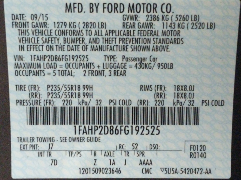 2015 Ford Taurus - VIN Plate