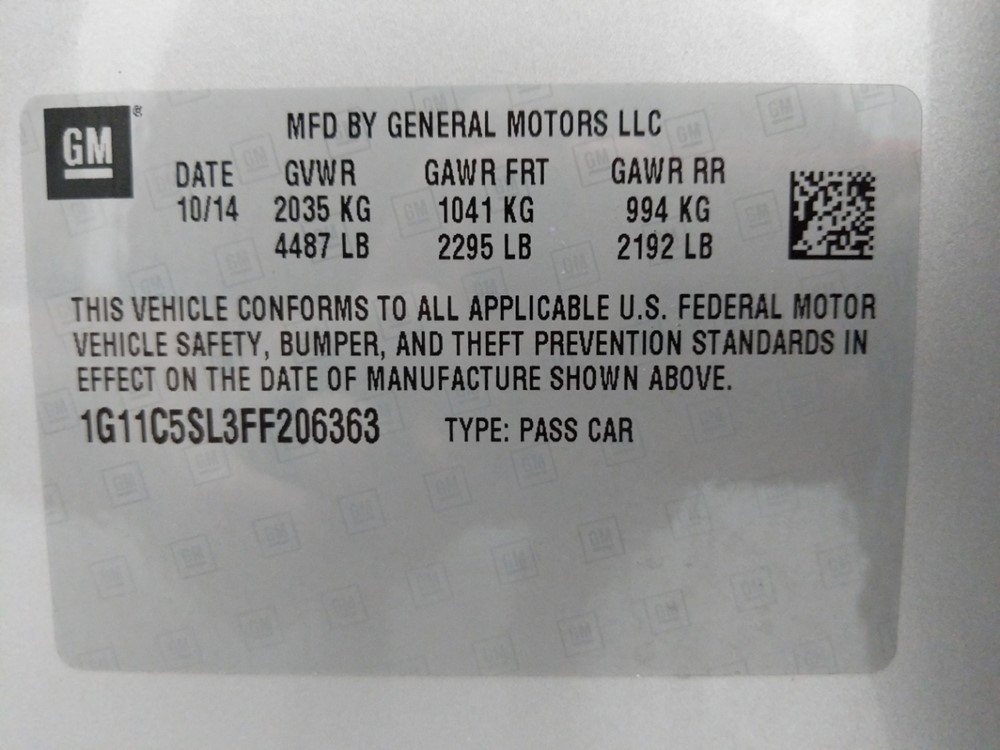 2015 Chevrolet Malibu - VIN Plate