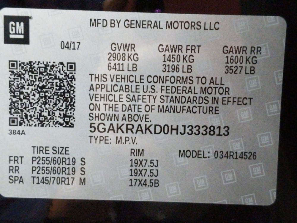 2017 Buick Enclave - VIN Plate
