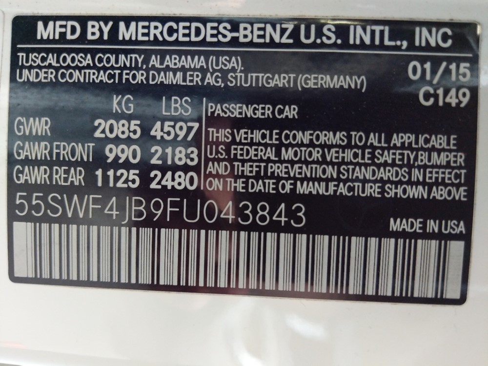 2015 Mercedes-Benz C300 - VIN Plate