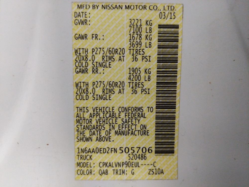 2015 Nissan Titan - VIN Plate