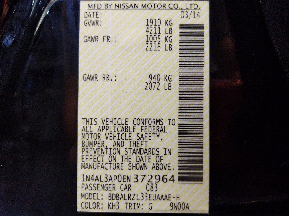 2014 Nissan Altima - VIN Plate