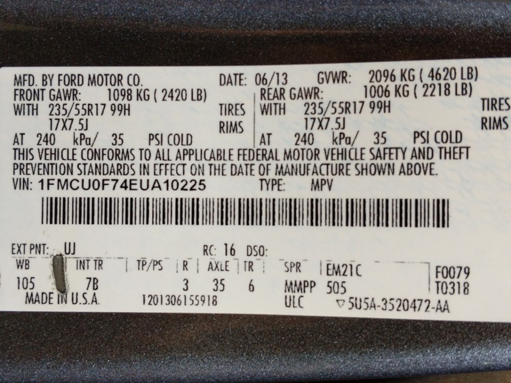 2014 Ford Escape - VIN Plate