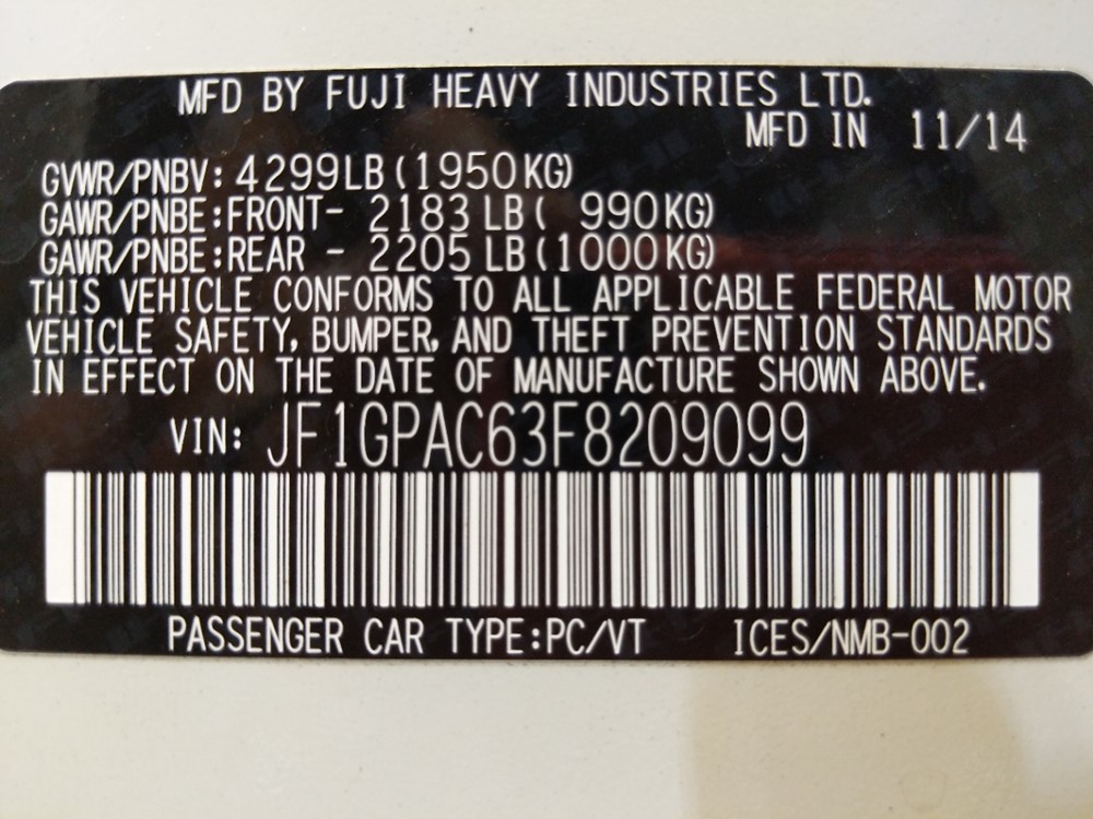 2015 Subaru Impreza - VIN Plate