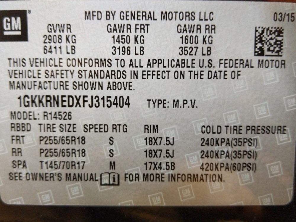 2015 GMC Acadia - VIN Plate