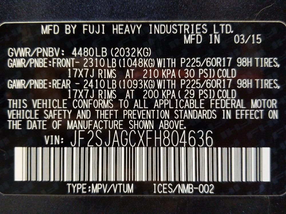 2015 Subaru Forester - VIN Plate