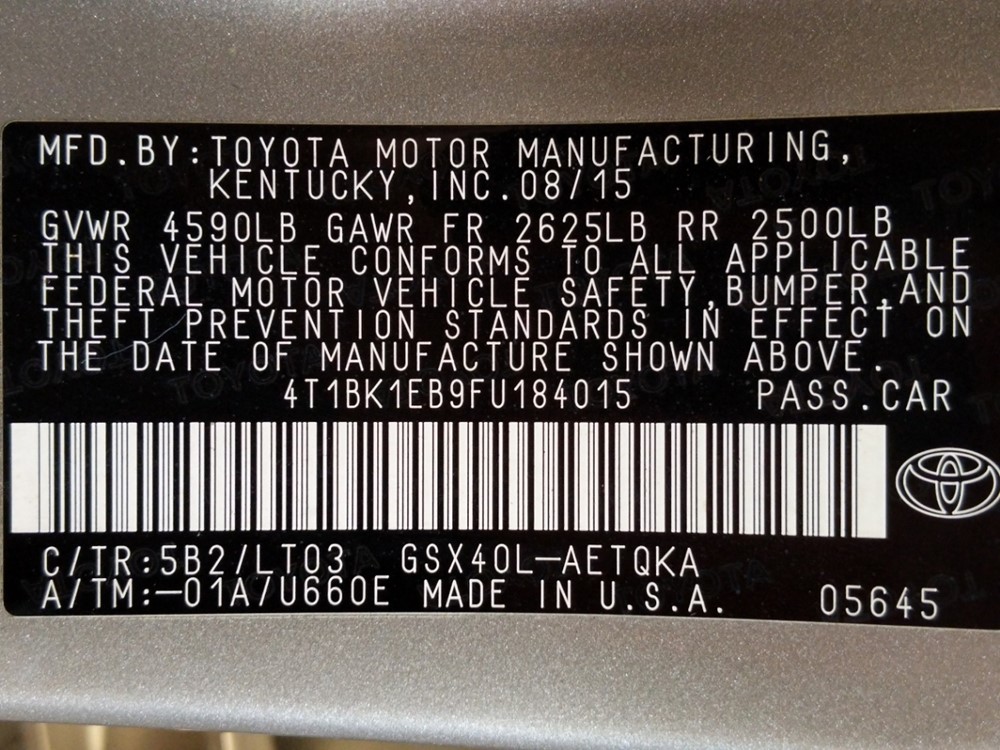 2015 Toyota Avalon - VIN Plate
