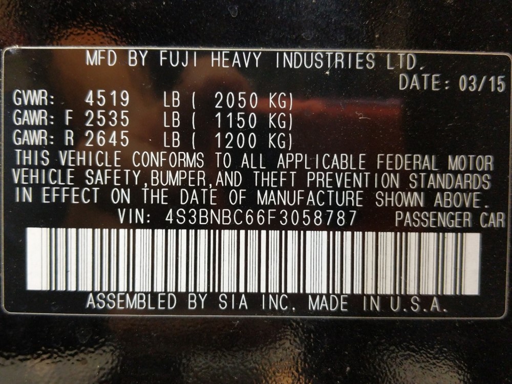 2015 Subaru Legacy - VIN Plate