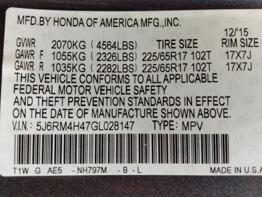 2016 Honda CR-V - VIN Plate