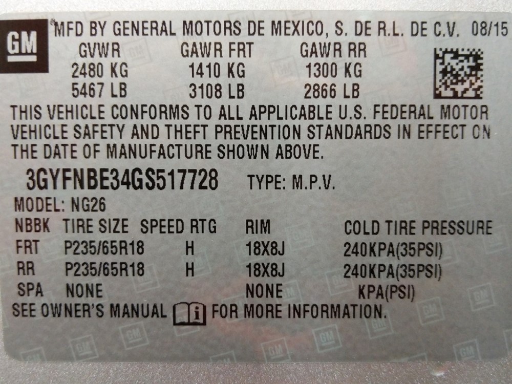 2016 Cadillac SRX - VIN Plate