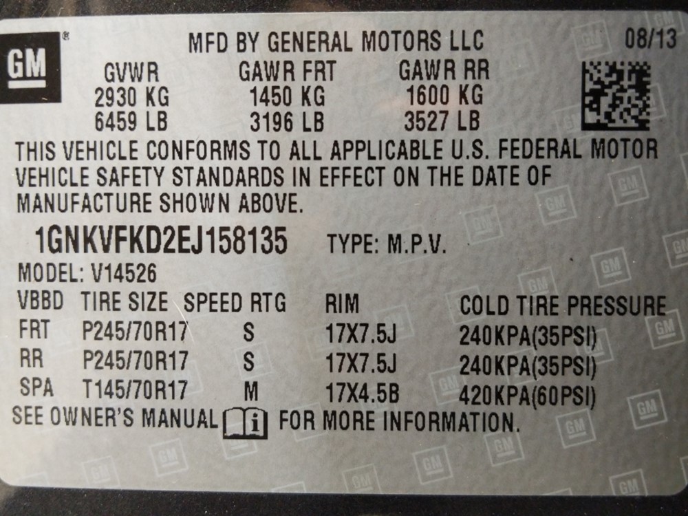 2014 Chevrolet Traverse - VIN Plate
