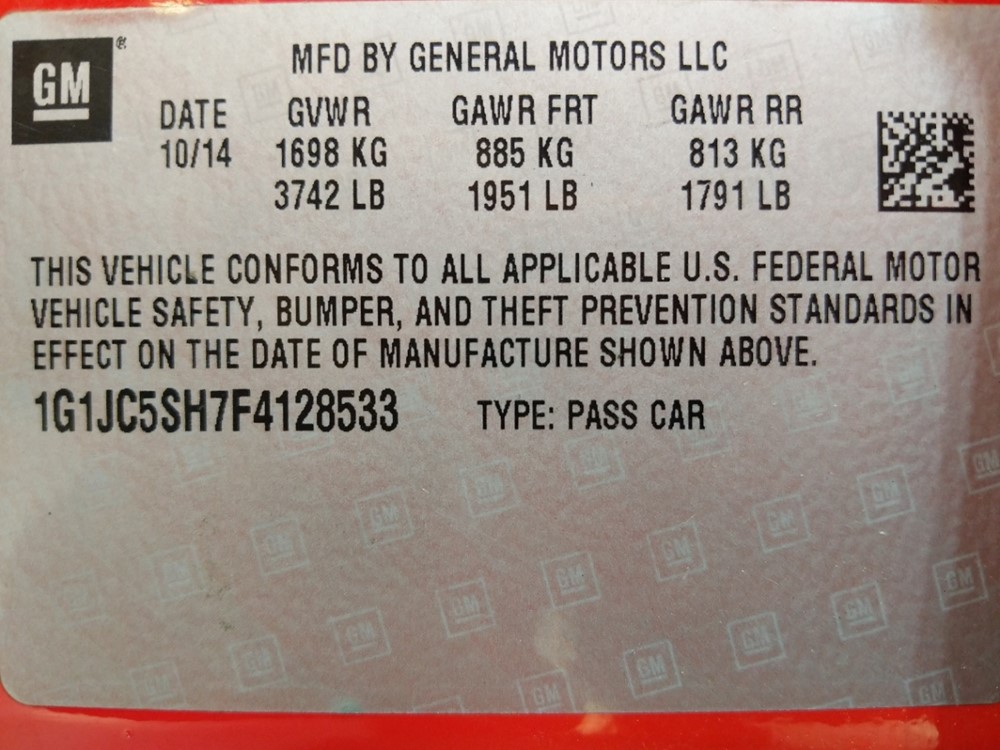 2015 Chevrolet Sonic - VIN Plate