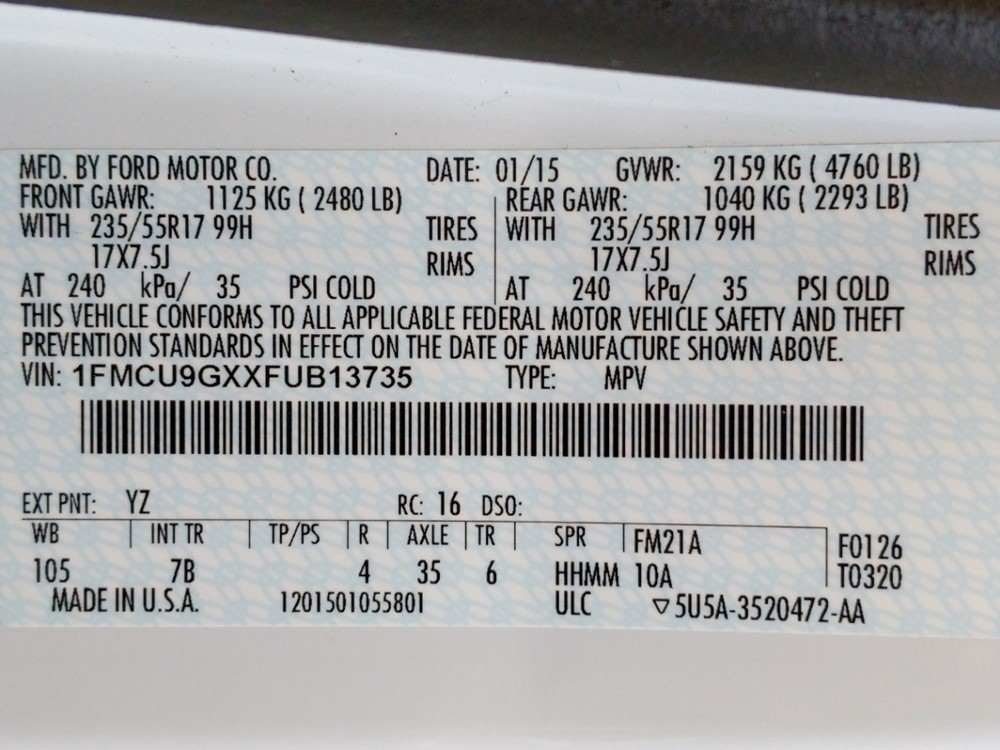 2015 Ford Escape - VIN Plate