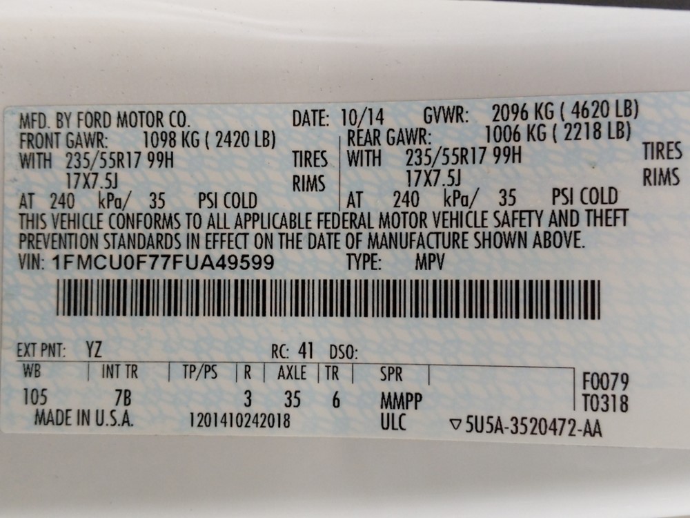 2015 Ford Escape - VIN Plate