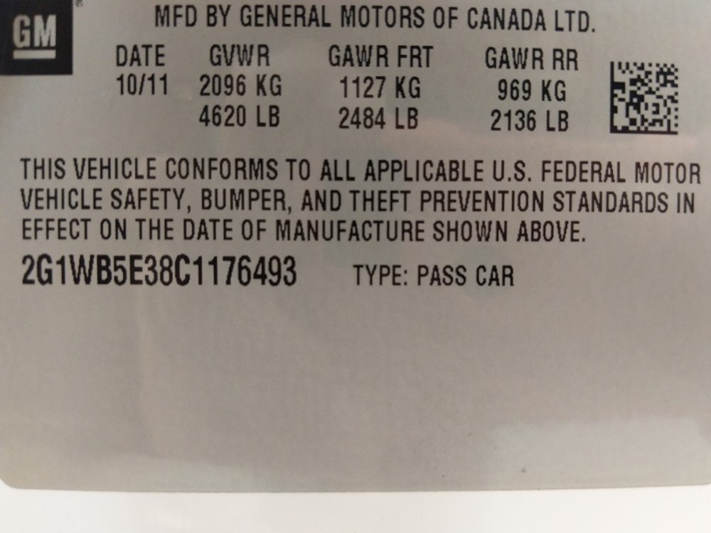 2012 Chevrolet Impala - VIN Plate