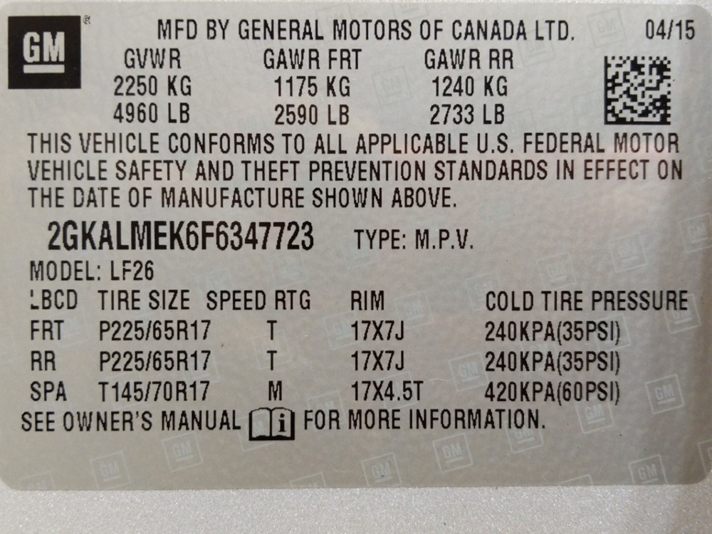 2015 GMC Terrain - VIN Plate