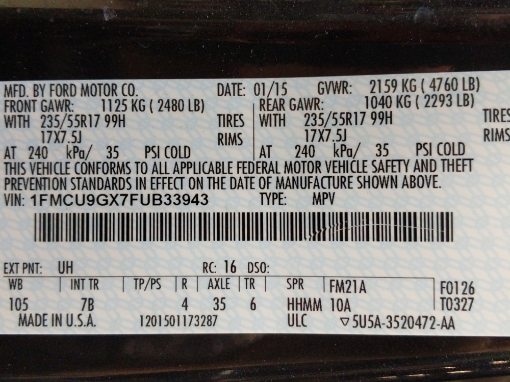 2015 Ford Escape - VIN Plate