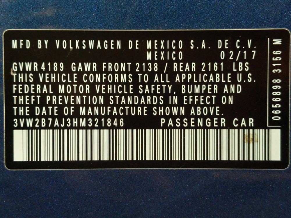 2017 Volkswagen Jetta - VIN Plate