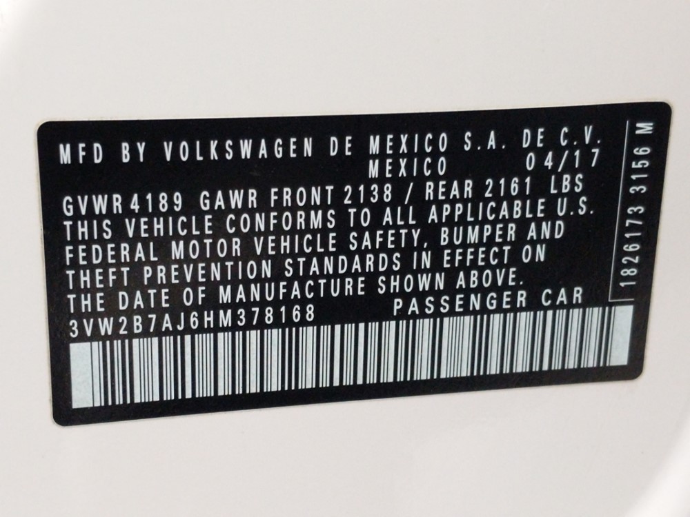 2017 Volkswagen Jetta - VIN Plate