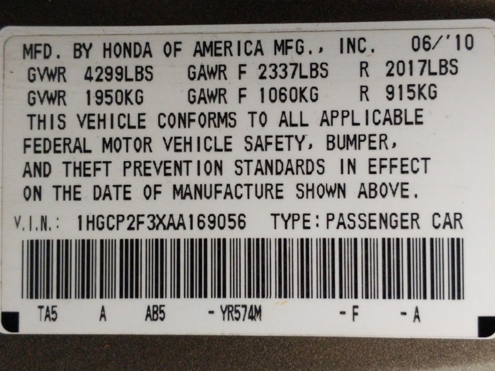 2010 Honda Accord - VIN Plate
