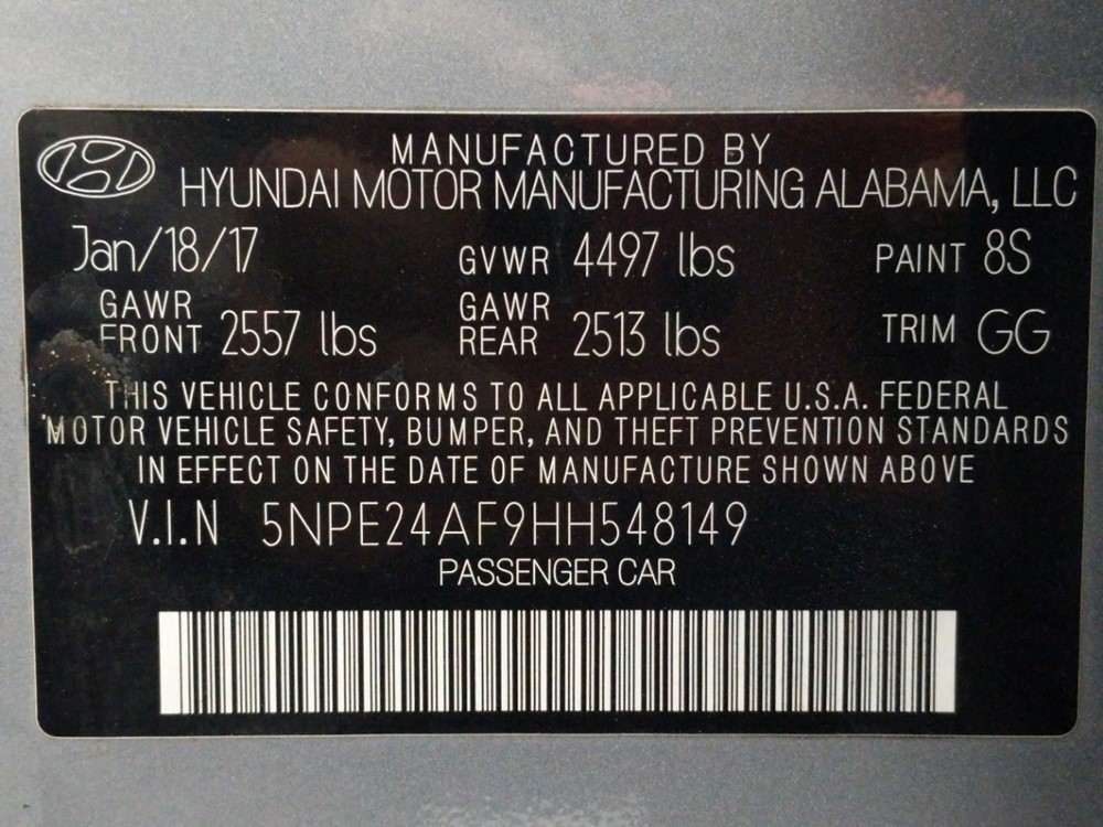 2017 Hyundai Sonata - VIN Plate