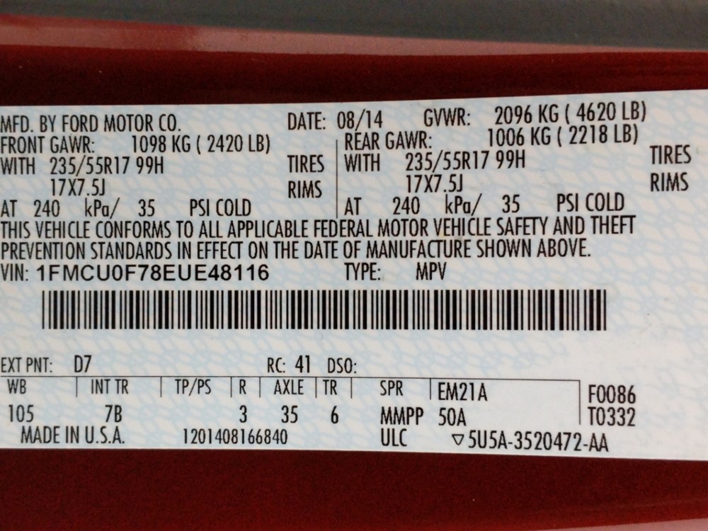 2014 Ford Escape - VIN Plate