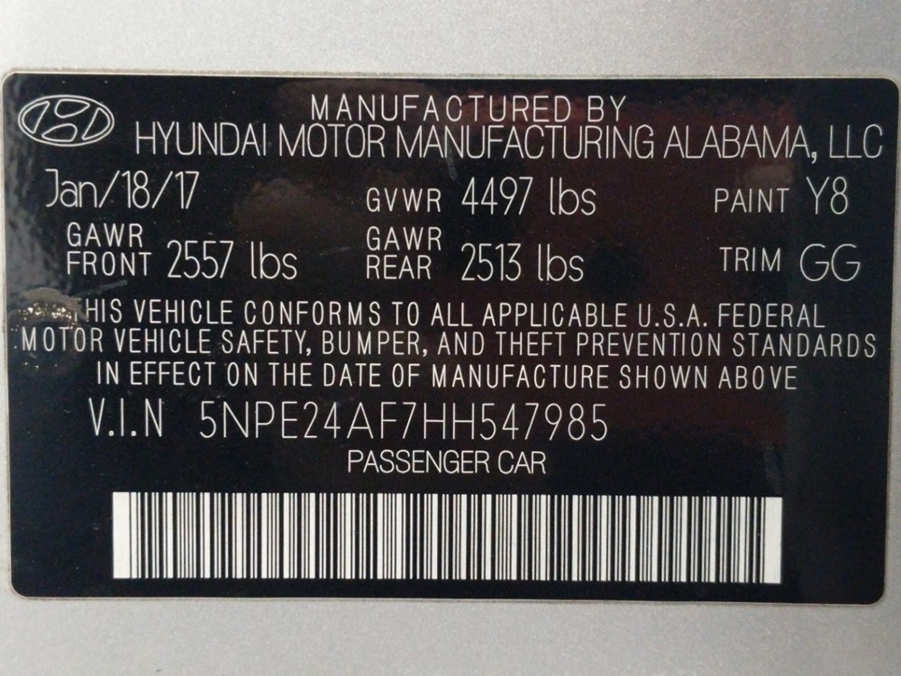 2017 Hyundai Sonata - VIN Plate