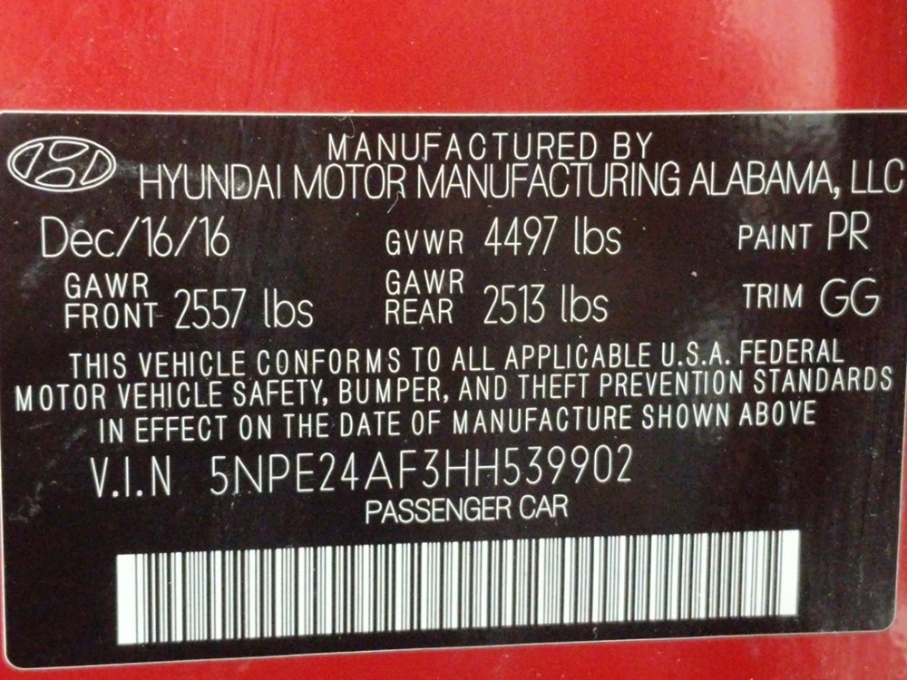 2017 Hyundai Sonata - VIN Plate