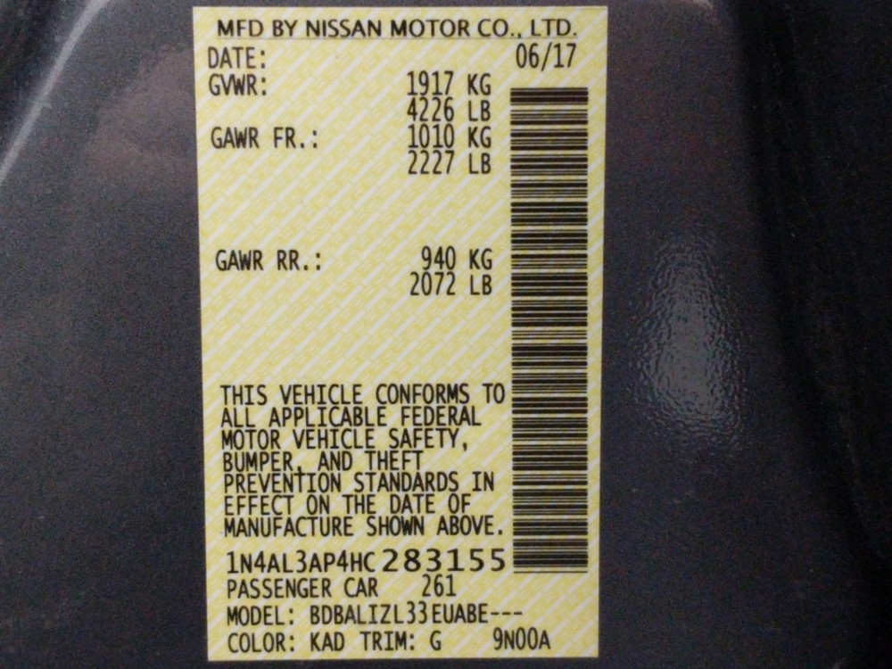 2017 Nissan Altima - VIN Plate