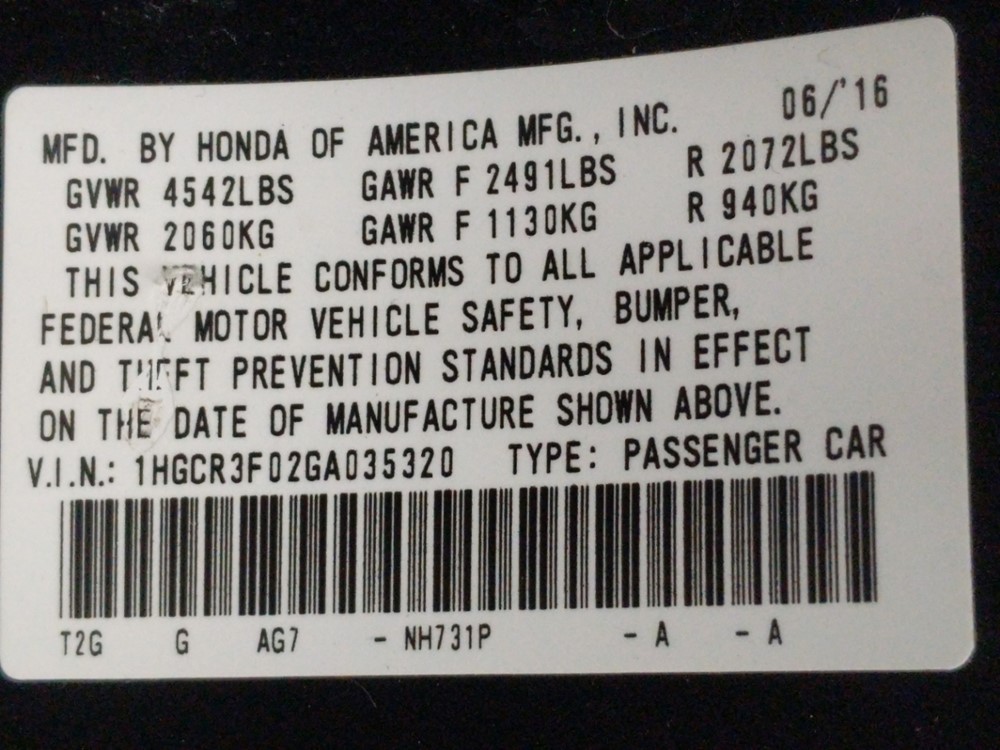 2016 Honda Accord - VIN Plate