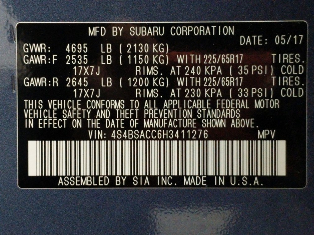 2017 Subaru Outback - VIN Plate
