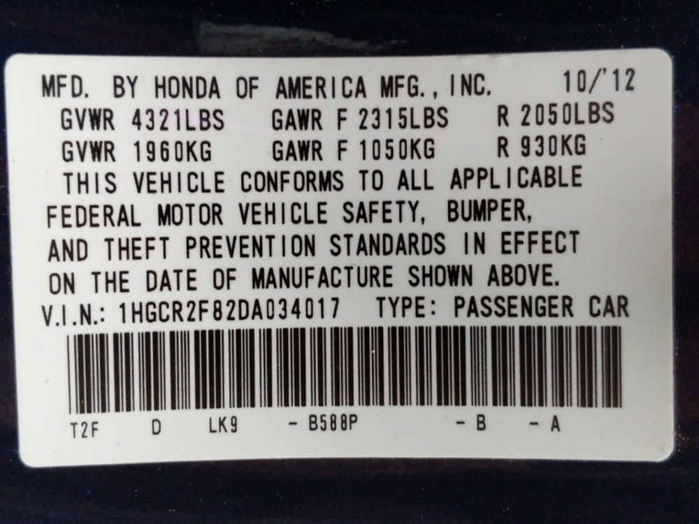 2013 Honda Accord - VIN Plate