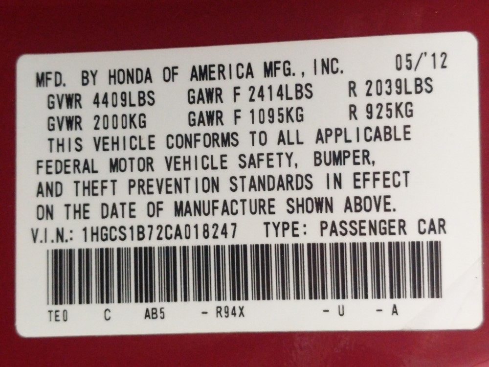 2012 Honda Accord - VIN Plate