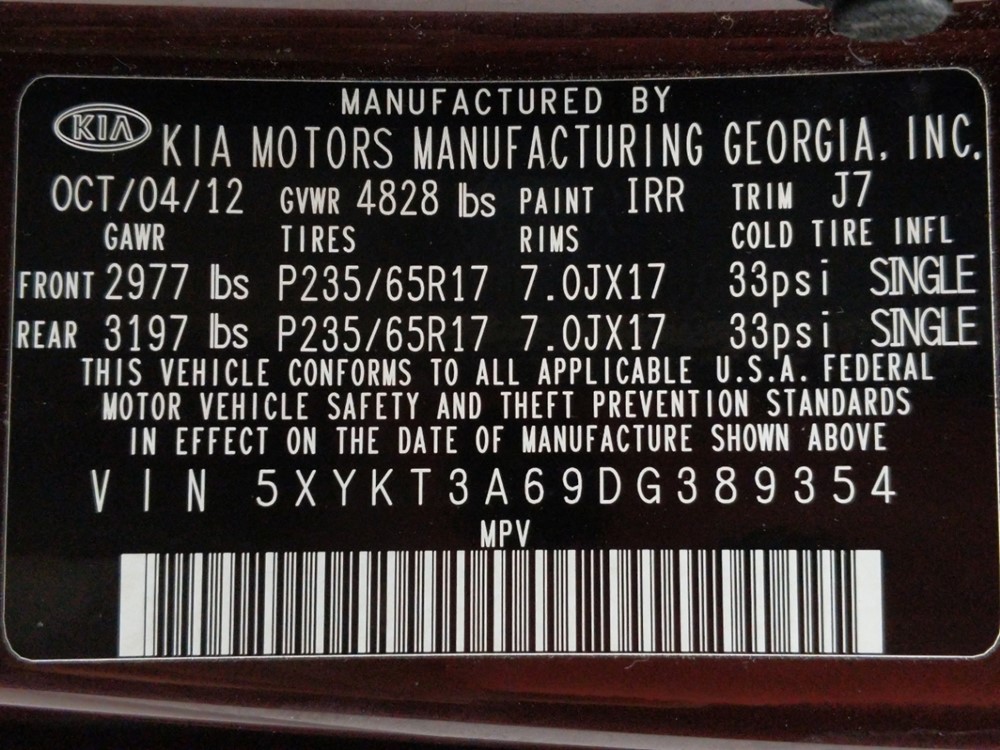 2013 Kia Sorento - VIN Plate