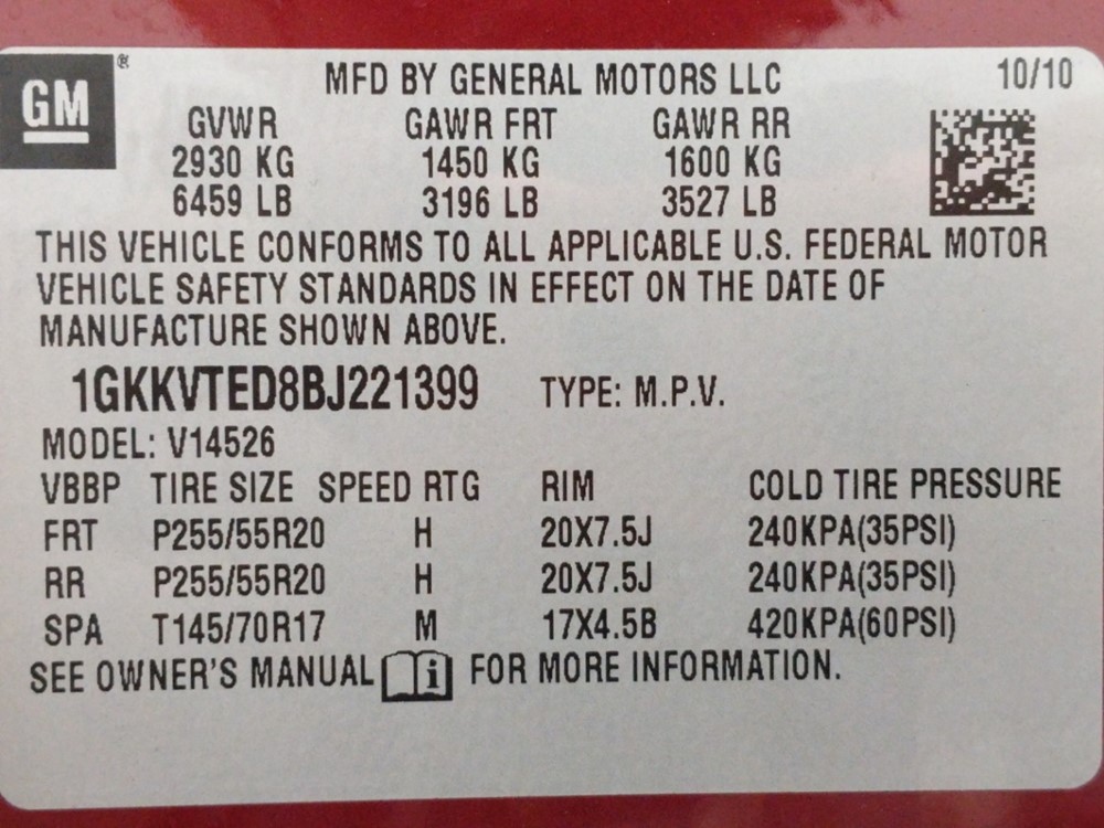 2011 GMC Acadia - VIN Plate