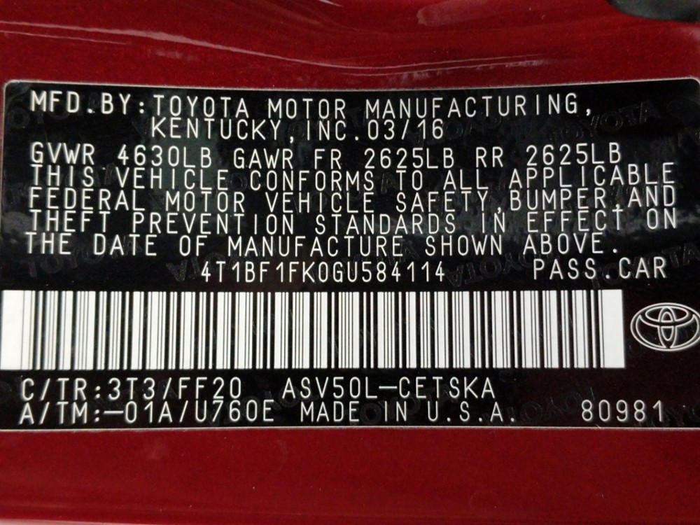 2016 Toyota Camry - VIN Plate
