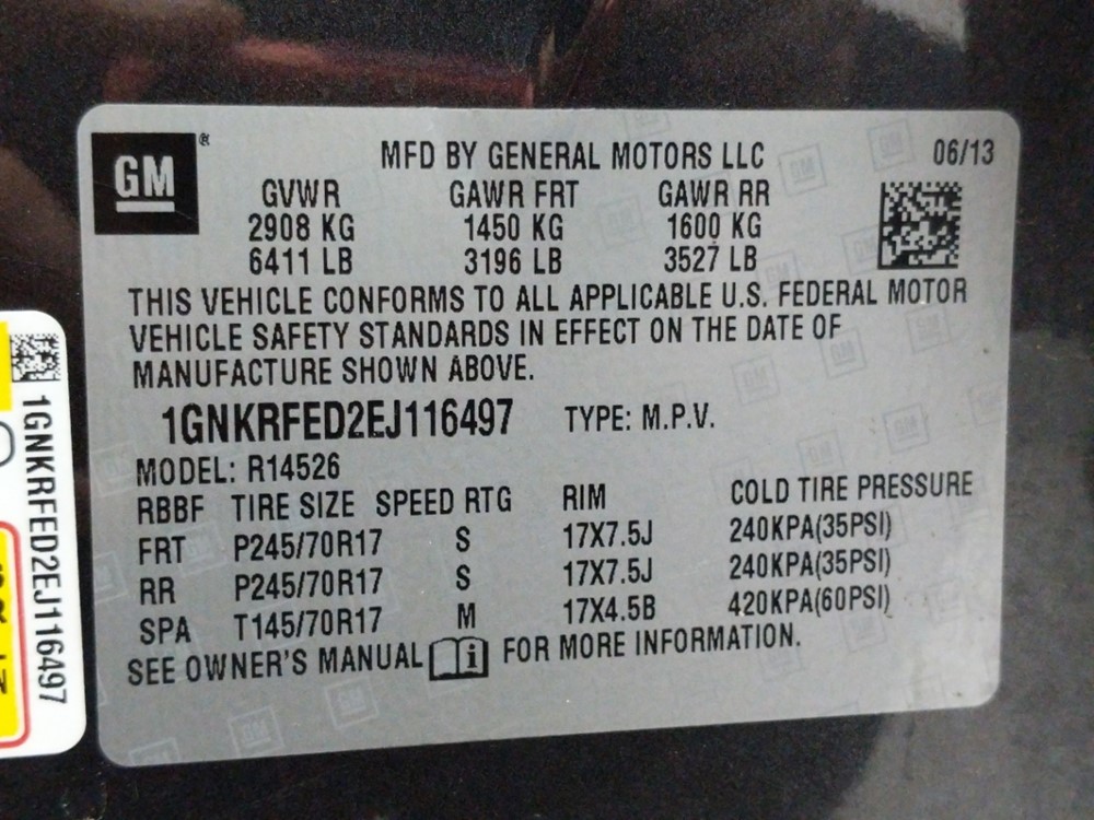 2014 Chevrolet Traverse - VIN Plate